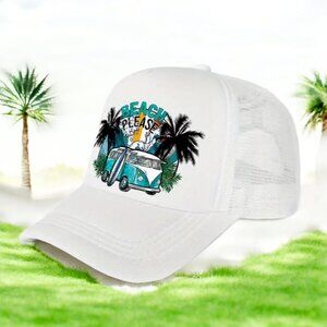 Beach Please Trucker/Golf Hat-White -Lightweight & Adjustable- New! Stylish